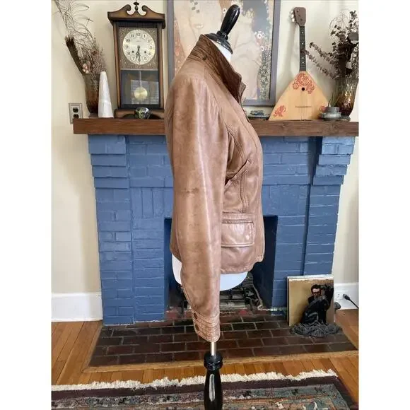 Y2K Vintage Moto Jacket Italian Leather Zip Brown SR Clothing Womens L READ - Picture 2 of 16